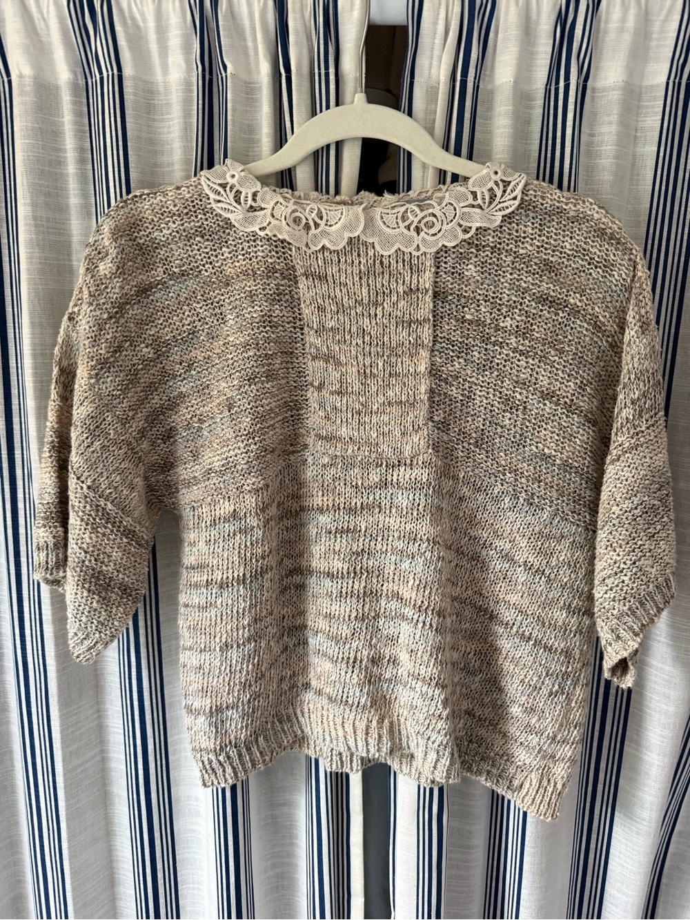 Vintage Dead stock Multitone Knit Sweater with Lace Collar and pearl buttons